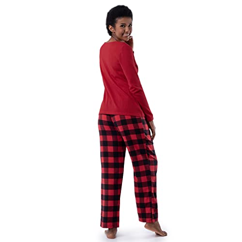Fruit of the Loom Women's Waffle V-Neck Top and Flannel Pant Sleep Set, Radiant Red/Buffalo Check, X-Large