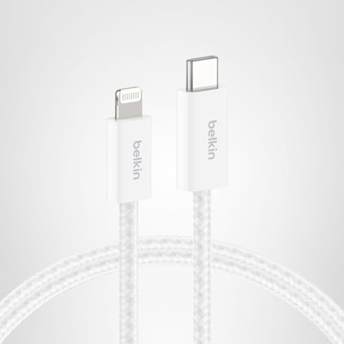 Belkin USB C Cable w/Lightning Connector, 6.6ft - Soft, Flexible Fast-Charging Cable, Lightning Charger Cord for iPhone 14 & Earlier Series, iPad 9th Gen, Airpods & More - White