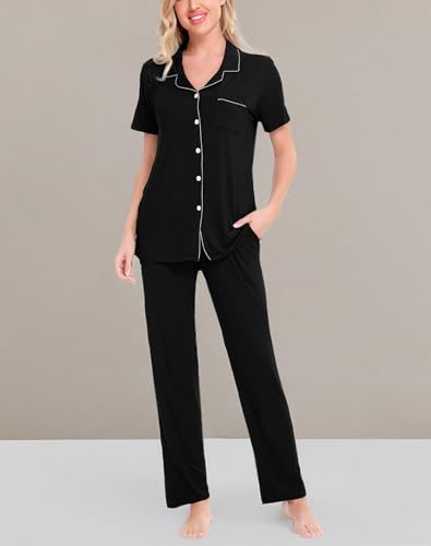 SWOMOG Women Pajama Sets Two-Piece Nightwear Short Sleeve Sleepwear Button Down Pj Lounge Sets with Long Pants Black