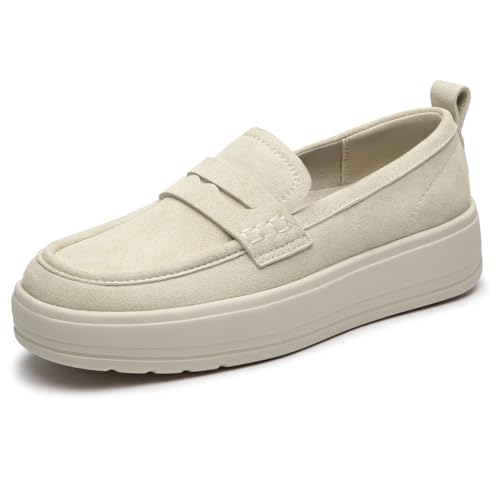 Rihero Slip On Womens Loafers Comfortable Casual Loafer Shoes Trendy Round Toe Platform Shoes for Work Walking Beige Size 8