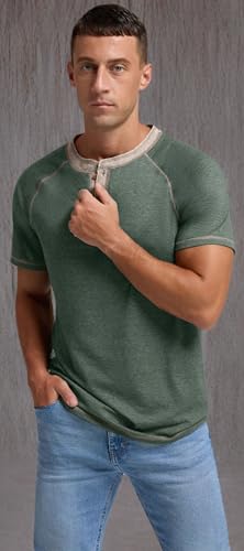 Sailwind Mens Henley Short Sleeve T-Shirt Cotton Casual Shirt Green