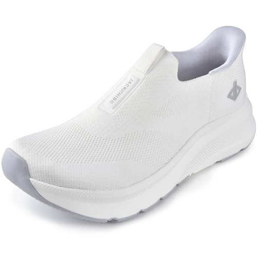 JACKSHIBO Mens Slip Ins Free up Hands Shoes Wide Toe Box Arch Support Orthopedic Walking Sneakers Cushioned Thick Zero Drop Sole Metatarsal Pads White Size 13