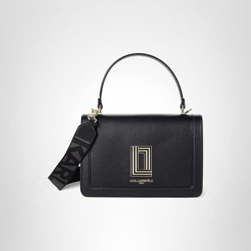 KARL LAGERFELD Women's Simone Solid Satchel Crossbody, Black/Gold, One Size