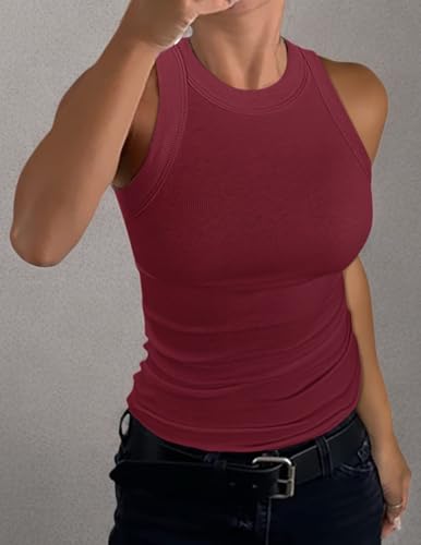 GEMBERA Womens Sleeveless Racerback High Neck Basic Ribbed Knit Fitted Tank Top Burgundy L