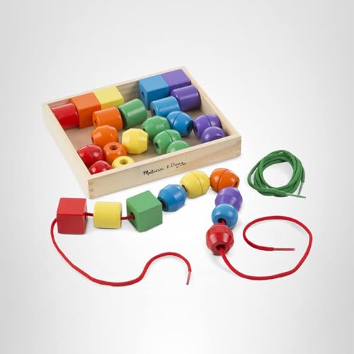 Melissa & Doug Primary Lacing Beads – 30 Wooden Beads for Crafts & 2 Laces in Toy Storage Box, Small Beads for Kids Arts and Crafts Kits, Preschool Learning Toys for Girls & Boys Ages 3+