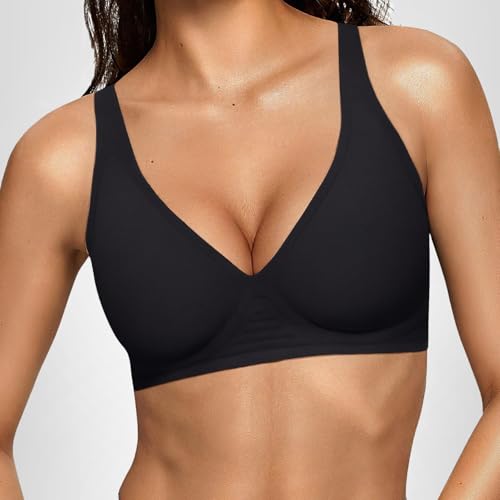 OEAK Womens Deep V Bras Wireless Comfortable Bra Supportive No Underwire Bras Tshirt Push Up Bralettes Plunge Seamless Bra Black M