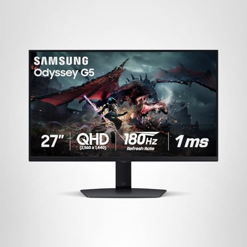 SAMSUNG 27-Inch Odyssey G50D Series QHD Fast IPS G-Sync Compatible Gaming Monitor, 1ms, VESA DisplayHDR 400, 180Hz, AMD FreeSync, Adjustable Stand, Eye Saver Mode, LS27DG500ENXZA