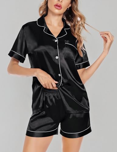 SWOMOG Satin Matching Pajamas Sets Couple Silk Button Down Nightwear Women & Men Short Sleeve Sleepwear 2 Pieces Loungewear Black