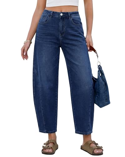 GRAPENT High Waisted Jeans for Women Cute Womens Trendy Barrel Leg Stretchy Baggy Barrel Jeans Cropped Denim Pants, Darkness Blue, S, US Size 4 to 6