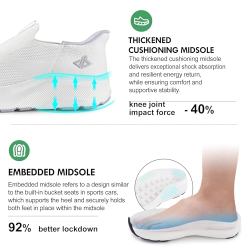 JACKSHIBO Mens Slip Ins Free up Hands Shoes Wide Toe Box Arch Support Orthopedic Walking Sneakers Cushioned Thick Zero Drop Sole Metatarsal Pads White Size 13