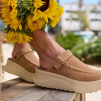 HEYDUDE Women's Delray Suede Tan Size 8,Platform Clog, Casual Slip-On Shoes, Lightweight, Comfortable, Stylish Everyday Footwear