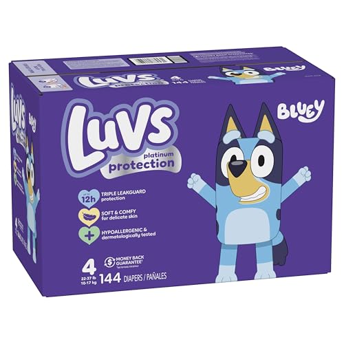 Luvs Size 4 Baby Diapers, Platinum Protection Bluey Diapers for Day & Night, Size 4, 144 Count (Packaging May Vary)