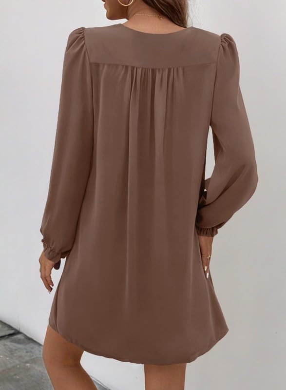 Dokotoo Womens Spring Dress V Neck Sexy Elegant Plus Size Shirt Dresses Long Puff Sleeve Fall Dresses Classy Brown Midi Dress for Beach Party Work Outfit Large