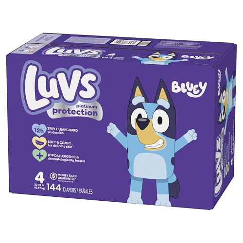 Luvs Size 4 Baby Diapers, Platinum Protection Bluey Diapers for Day & Night, Size 4, 144 Count (Packaging May Vary)