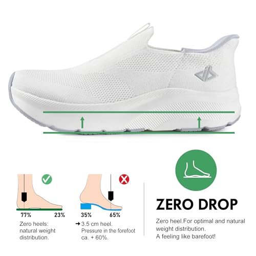 JACKSHIBO Mens Slip Ins Free up Hands Shoes Wide Toe Box Arch Support Orthopedic Walking Sneakers Cushioned Thick Zero Drop Sole Metatarsal Pads White Size 13