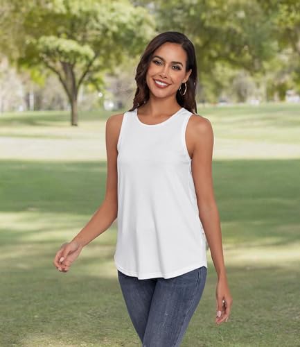 Smile Fish Women Crewneck Flowy Loose Fit Tank Top Sleeveless Summer Tops Shirts Cotton White,M