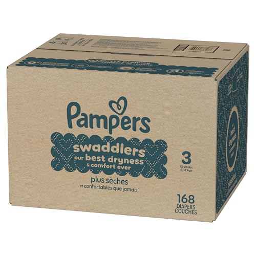 Pampers Swaddlers Diapers, Size 3 (13-26 lbs), 168 Count, Absorbent, Keeps Baby Dry and Comfortable, Skin Safe Disposable Baby Diaper