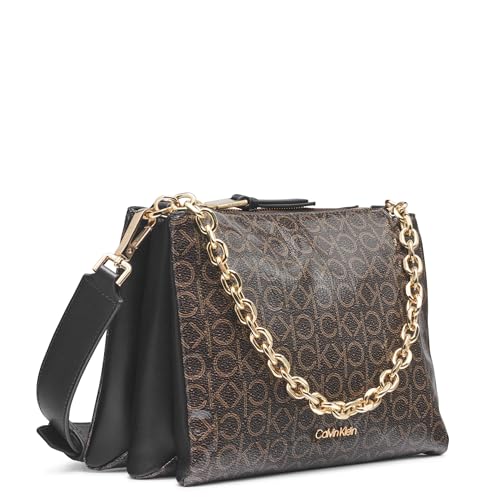 Calvin Klein Rain Triple Compartment Chain Crossbody, Brown/Khaki/Black, One Size