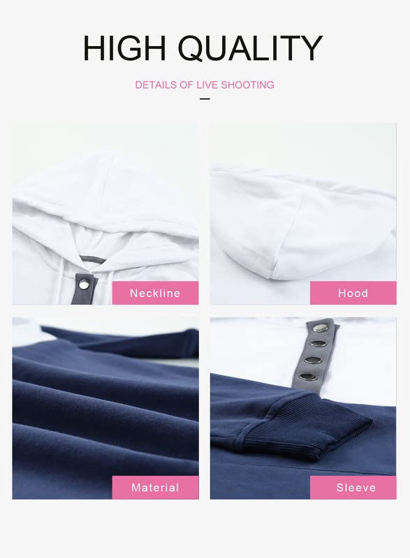 Dokotoo Womens Sweatshirt Ladies Fall Tops Fashion Hoodies Sweatshirts for Women Long Sleeve Hooded Pullover with Pockets Button Collar Fleece Casual Color Block Winter Shirts Tops Blue White S