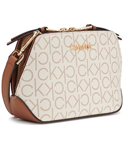 Calvin Klein Women's Lucy Triple Compartment Crossbody, Vanilla/Khaki/Caramel Embossed, One Size