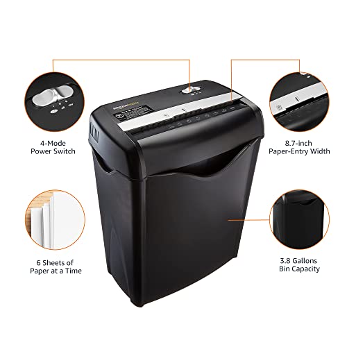 Amazon Basics 6-Sheet Cross-Cut Paper and Credit Card Shredder with 3.8 Gallon Bin, Shreds Staples, Black