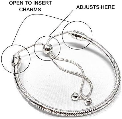 Bolenvi European Charm Bracelet - Adjustable 3mm 925 Sterling Silver Snake Chain for Charms, Compatible with Pandora Beads & Pendants - Clip On/Off Sliding Bracelet