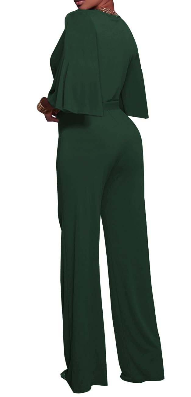 BessCops Womens Loose Short Sleeve Belted Wide Leg Pant Romper Jumpsuit Casual Business One Piece Outfits Green