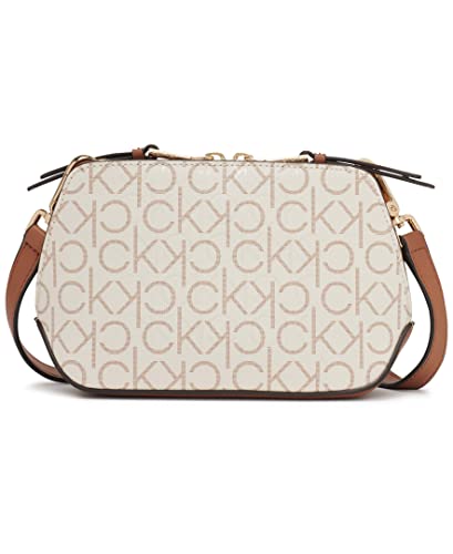 Calvin Klein Women's Lucy Triple Compartment Crossbody, Vanilla/Khaki/Caramel Embossed, One Size