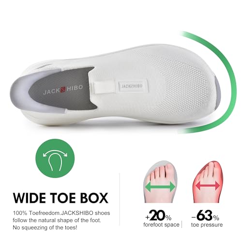 JACKSHIBO Mens Slip Ins Free up Hands Shoes Wide Toe Box Arch Support Orthopedic Walking Sneakers Cushioned Thick Zero Drop Sole Metatarsal Pads White Size 13