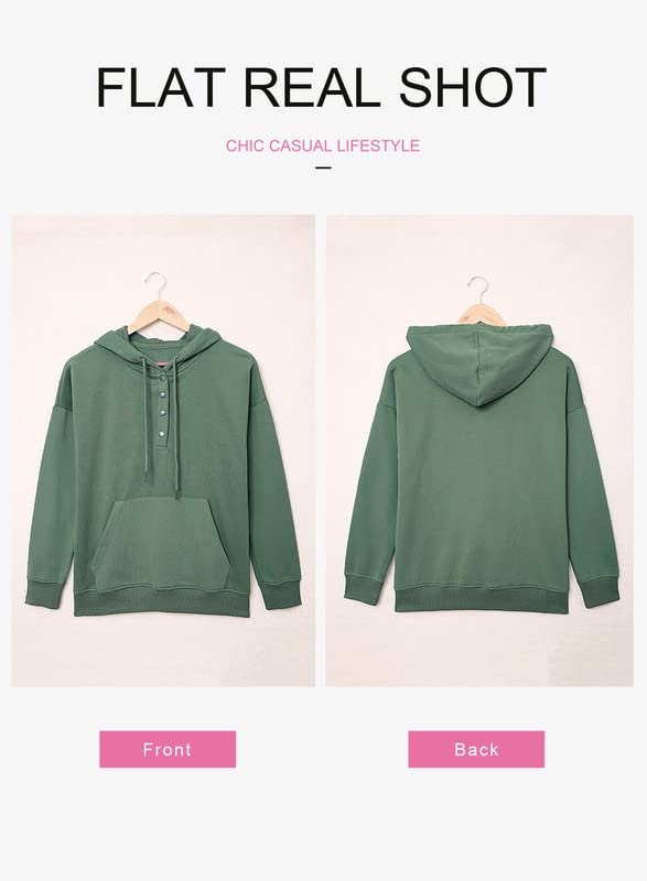 Dokotoo Hoodies for Women Drawstring V Neck Long Sleeve Front Button Collar Hooded Pullover Hoodie with Pockets Christmas Sweatshirt Loose Fit Casual Ladies Shirt Tops Winter Clothing Green Medium