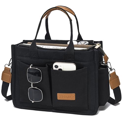 ZHMO Canvas Tote Bag for Women With Compartments and Zipper,Black Women's Bags Crossbody Bags Work Laptop Tote Bag Large Satchels Handbag Tote Purse Everyday Shoulder Bag for Travel Nurse Teacher Gift