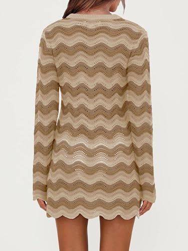 YUNLORIA Women's Crochet Colorful Mesh Summer Long Sleeve Cover Ups Casual Striped Beach Wear Knit Mini Dresses