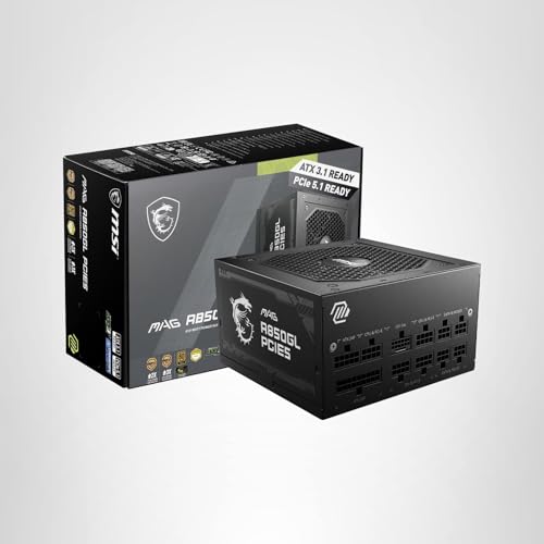 MSI MAG A850GL PCIE5, Fully Modular Compact Gaming 850W Power Supply, 80+ Gold, ATX 3.1 & PCIe 5.1 Ready, Native Dual-Color 12V-2x6 Cable, 10 Year Warranty