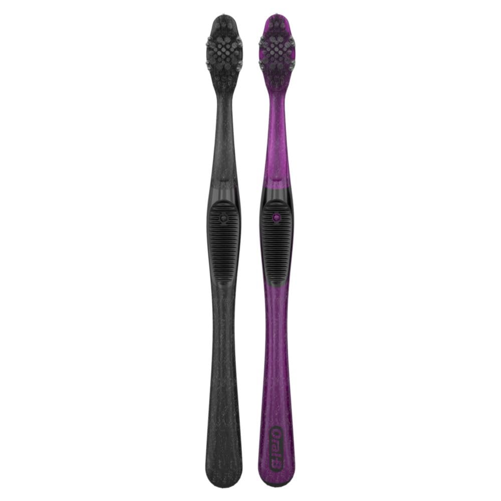Oral-B 3D White Charcoal toothbrush, 2 count MEDIUM manual tootbrush pack, Whitens teeth, removes plaque and stains, tongue scraper tooth brush
