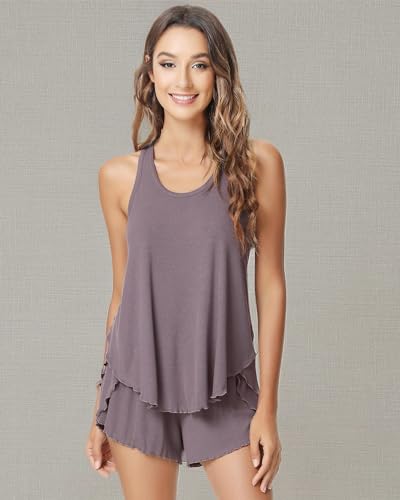 NACHILA Pajamas for Women-Viscose from Bamboo, Ribbed Racerback Tank Top Sexy Split Shorts Pajama Sets Cooling Sleep Cami Pjs Purplish Grey Small