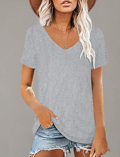 Elesomo Women Tops Casual Short Sleeve V Neck Curved Hem Cotton Tee Shirts, Grey L