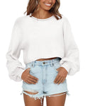 Imily Bela Womens Crewneck Cropped Sweaters 2023 Fall Slouchy Lantern Long Sleeve Trendy Loose Knit Y2K Pullover Sweater White