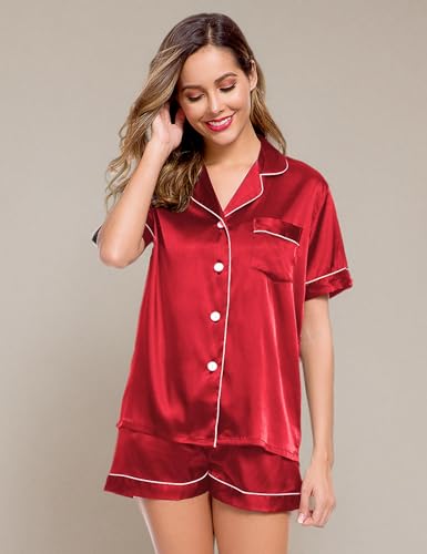 LecGee Womens Pajamas Set Silk Satin Sleepwear Short Sleeve Nightwear Button Down Pj Lounge