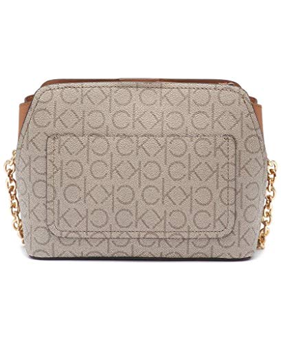 Calvin Klein Women's Hailey Signature Triple Compartment Chain Crossbody, Textured Almond/Taupe/Caramel Linear, One Size