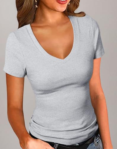 PALINDA Women's Short Sleeves Ribbed Fitted Shirt Basic V Neck Slim T Shirt Tops(Grey L)