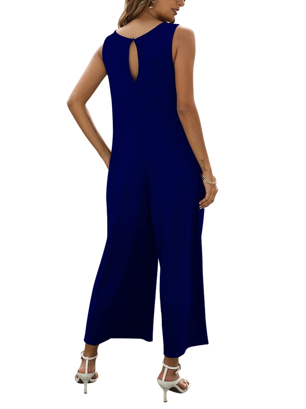 Nfsion Women's Summer Casual Loose Tank Jumpsuit Sleeveless Crewneck Jumpsuit Romper Outfits with Pockets Medium Dark Blue