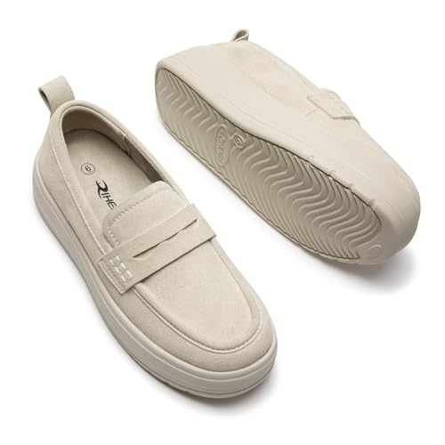Rihero Slip On Womens Loafers Comfortable Casual Loafer Shoes Trendy Round Toe Platform Shoes for Work Walking Beige Size 8