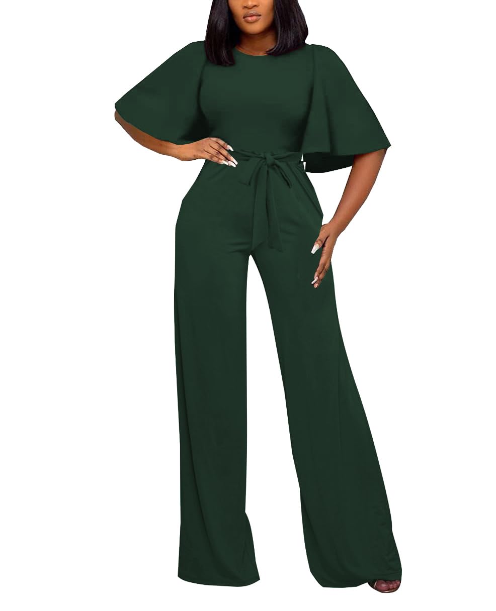 BessCops Womens Loose Short Sleeve Belted Wide Leg Pant Romper Jumpsuit Casual Business One Piece Outfits Green