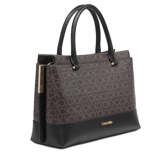 Calvin Klein Bianca Triple Compartment Satchel, Brown/Khaki/Black, One Size