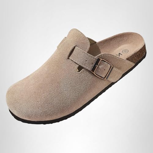KIDMI Genuine Suede Clogs for Women Cork Footbed Sandals Leather Mules Potato Shoes with Arch Support Taupe 41 (Size 9-9.5)