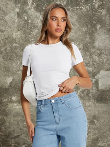 Trendy Queen Womens Basic T Shirts Summer Tops 2026 Crop Short Sleeve Slim Fit Tee Cute Gym Workout Clothes White L