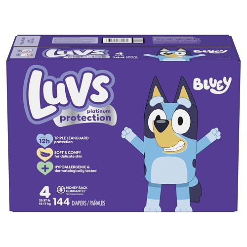 Luvs Size 4 Baby Diapers, Platinum Protection Bluey Diapers for Day & Night, Size 4, 144 Count (Packaging May Vary)