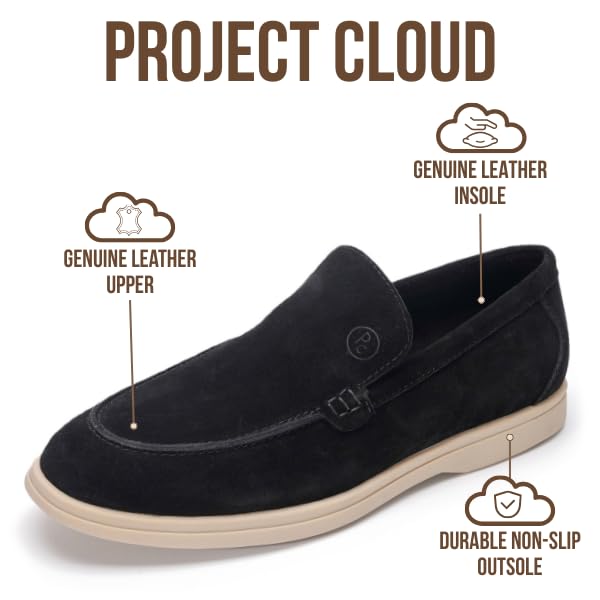 Project Cloud Mens Shoes 100% Genuine Leather Memory Foam Insole Loafers Slip On Shoes for Men - Venetian Men Casual Shoes Loafers for Men (Mark, BLKSDE, 8) Black Suede