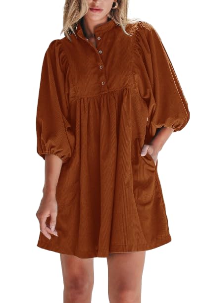 Opemiby Womens Casual Dresses Corduroy Button Up Empire Waist 3/4 Sleeve Fall Winter Mini Babydoll Dress Gold Flame L