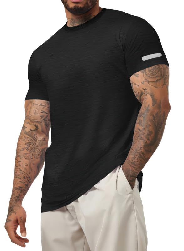 JVVOO Mens Casual T Shirt Quick Dry Moisture Wicking Muscle Fit Shirt Gym Workout Athletic Tee Shirts Big & Tall Black 4XL